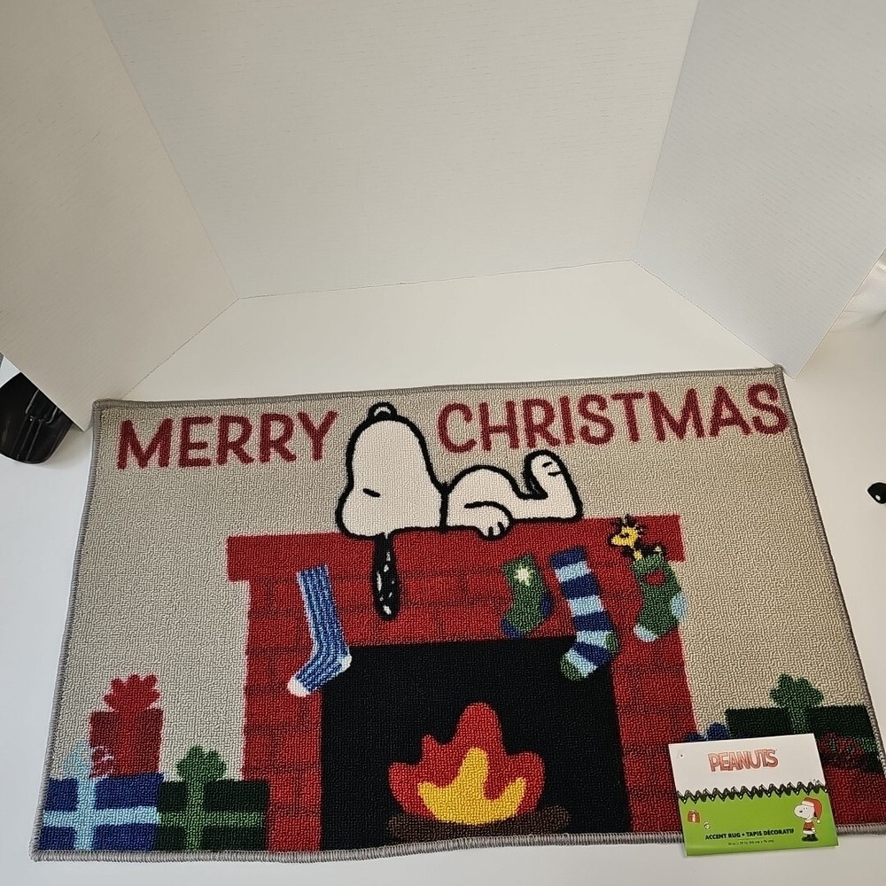 Snoopy Peanuts Merry Christmas Fireplace Rug Mat 18x30 Decorative Holiday Accent-image