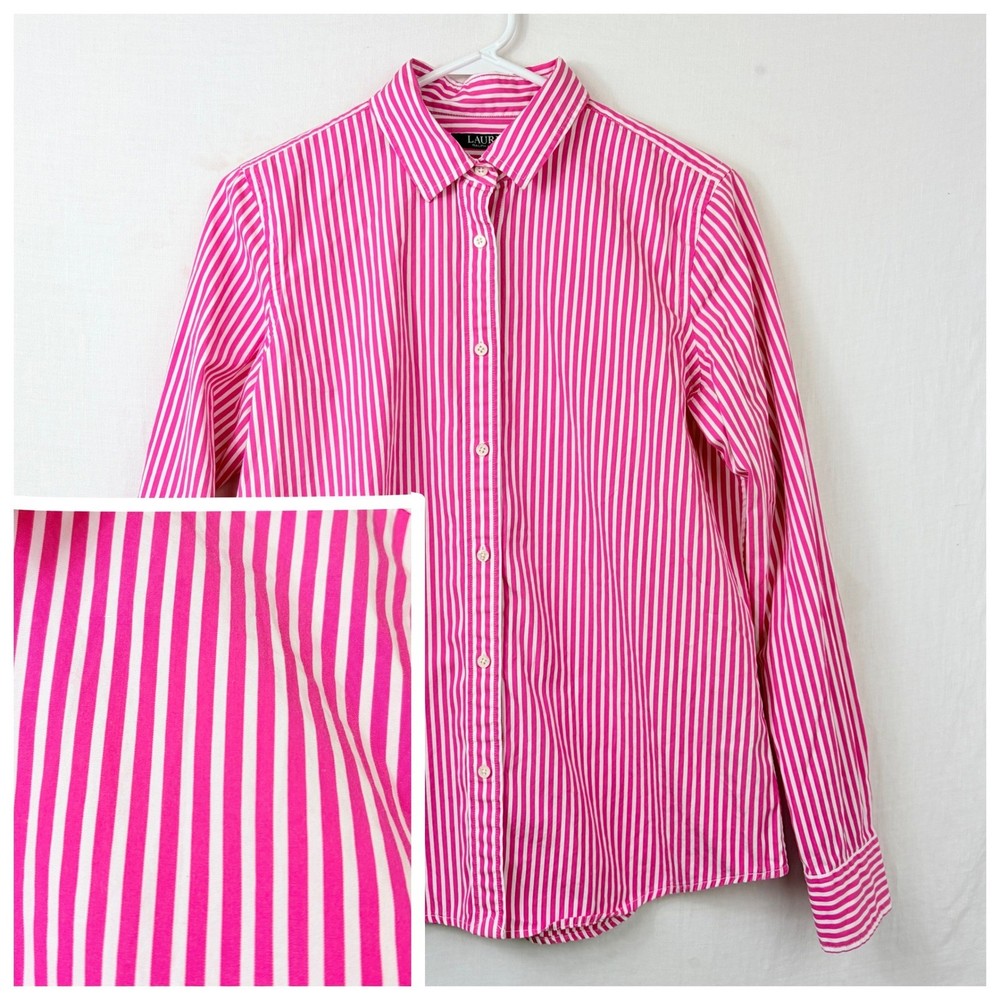 Lauren Ralph Lauren Striped Button Down Shirt Sz 12 Pink Candystripe Coastal