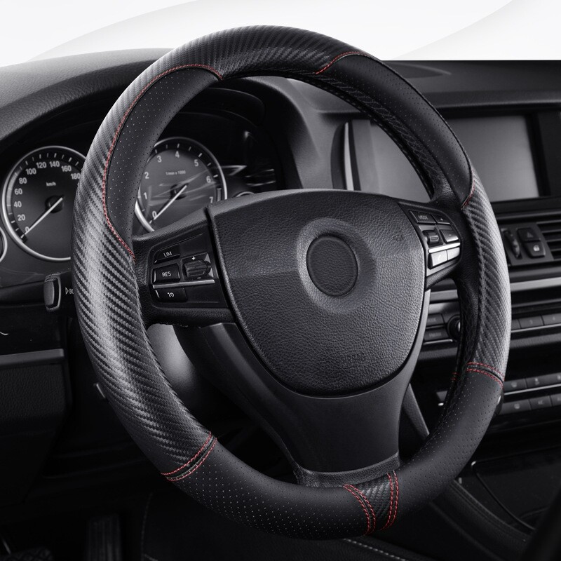 For Ford Car Steering Wheel Cover Carbon Black Leather Anti-slip Accessories;