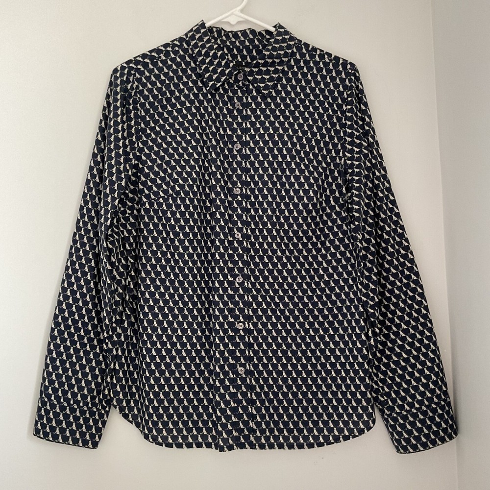 Talbots Womens Iongsleeved button- down collared blue shirt with dog print sz 14