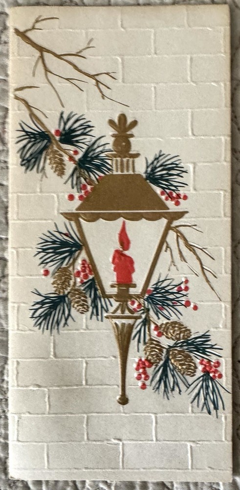 Unused Christmas Lamp Post Candle Holly Berry Pine Greeting Card 1950s 1960s