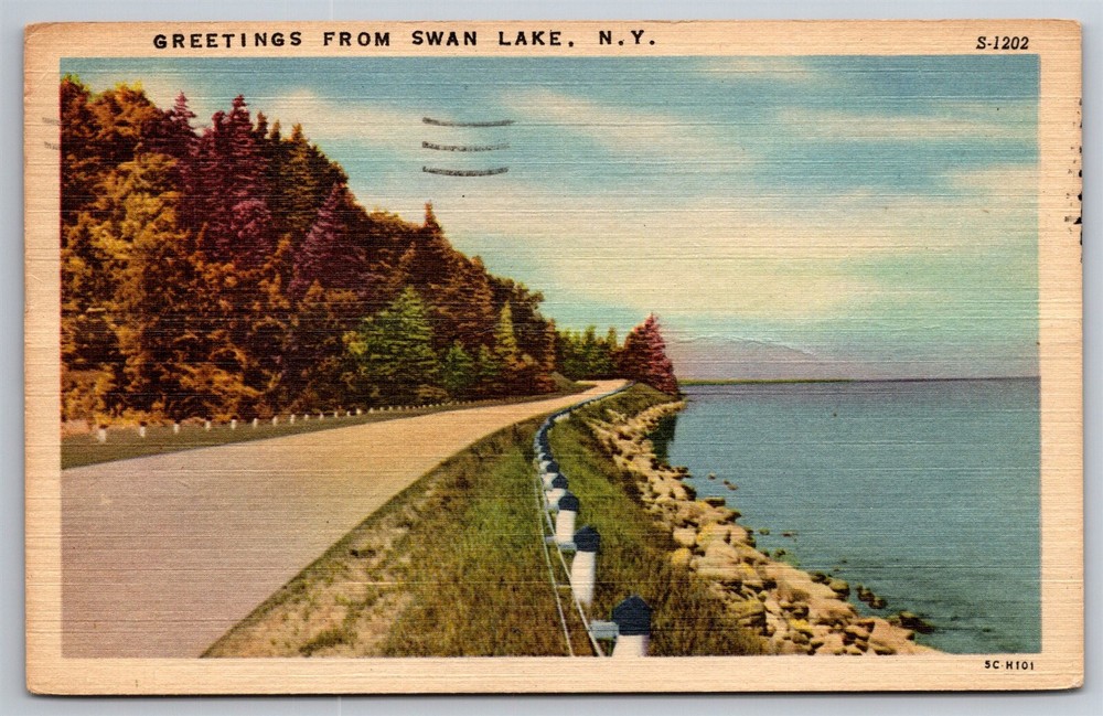 Greetings From Swan Lake NY C1940s Linen Postcard AB23
