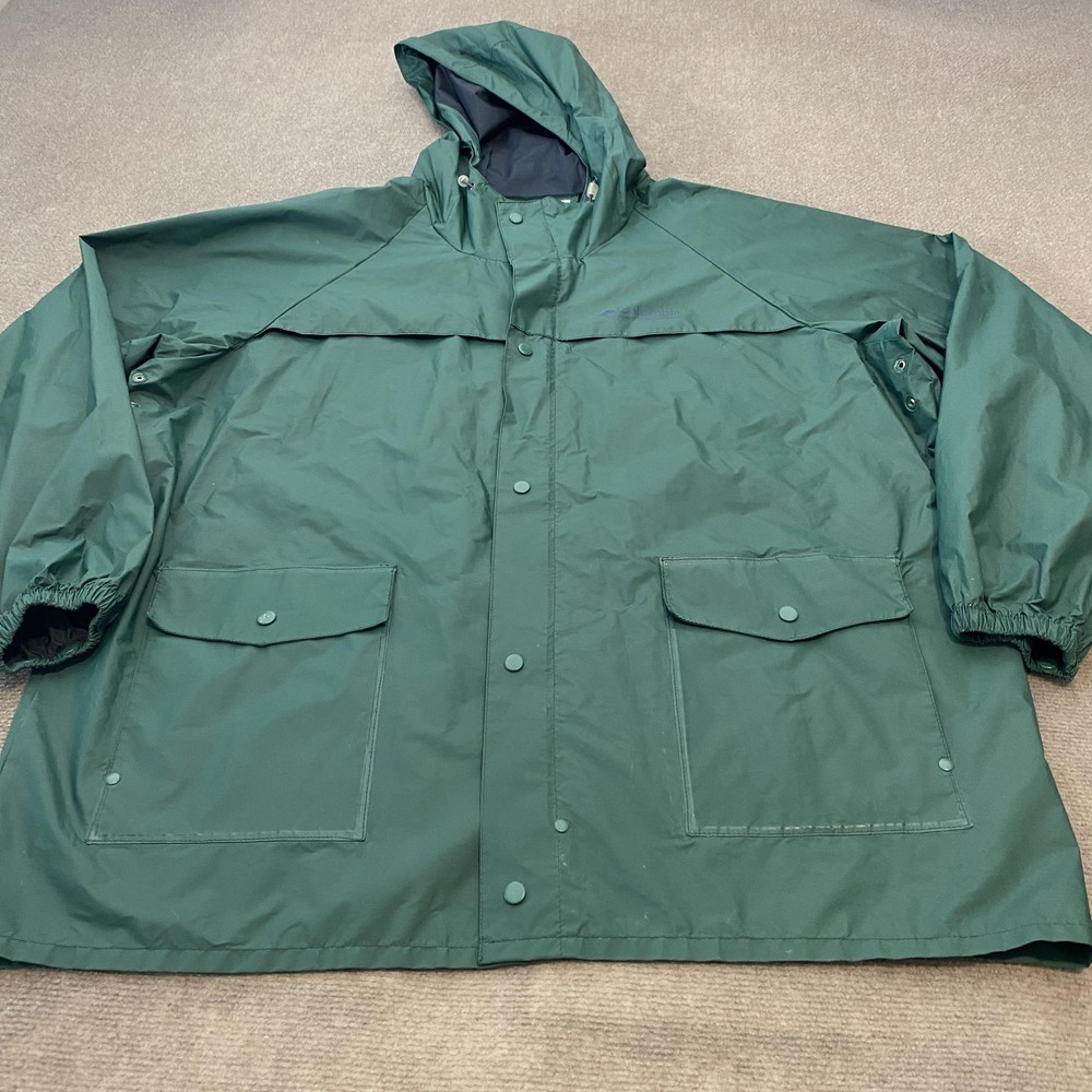 VTG Columbia Jacket Mens 2XL Green PVC Hooded Snap Rain Coat Waterproof Outdoor