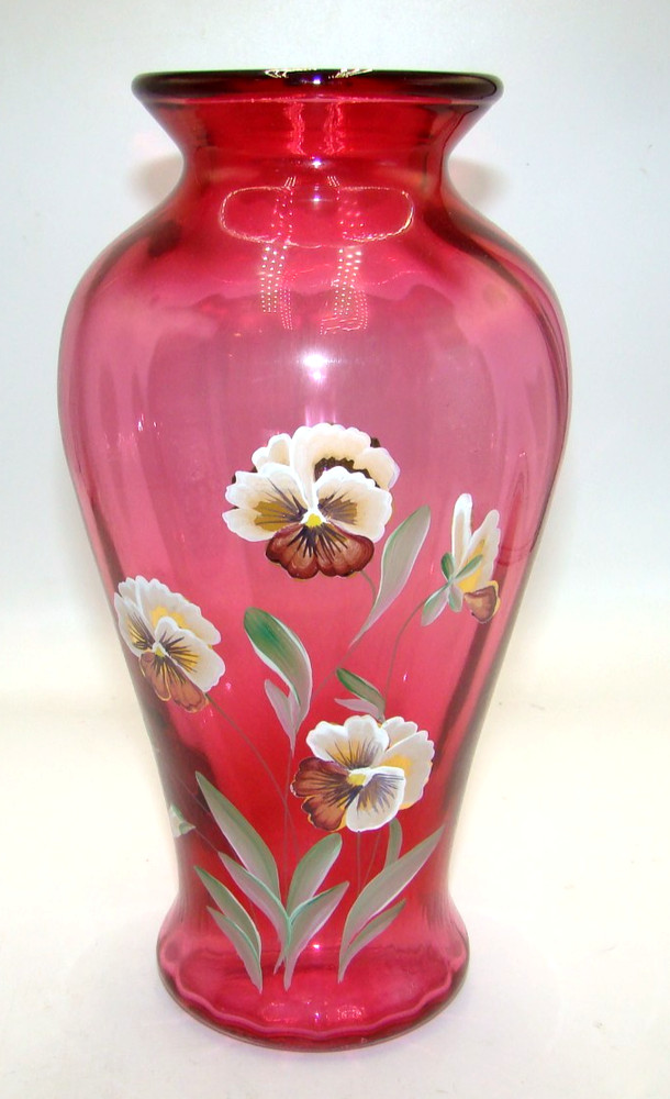 Fenton Family Signature Series 1559-CW Pansies on Cranberry Vase w/Box