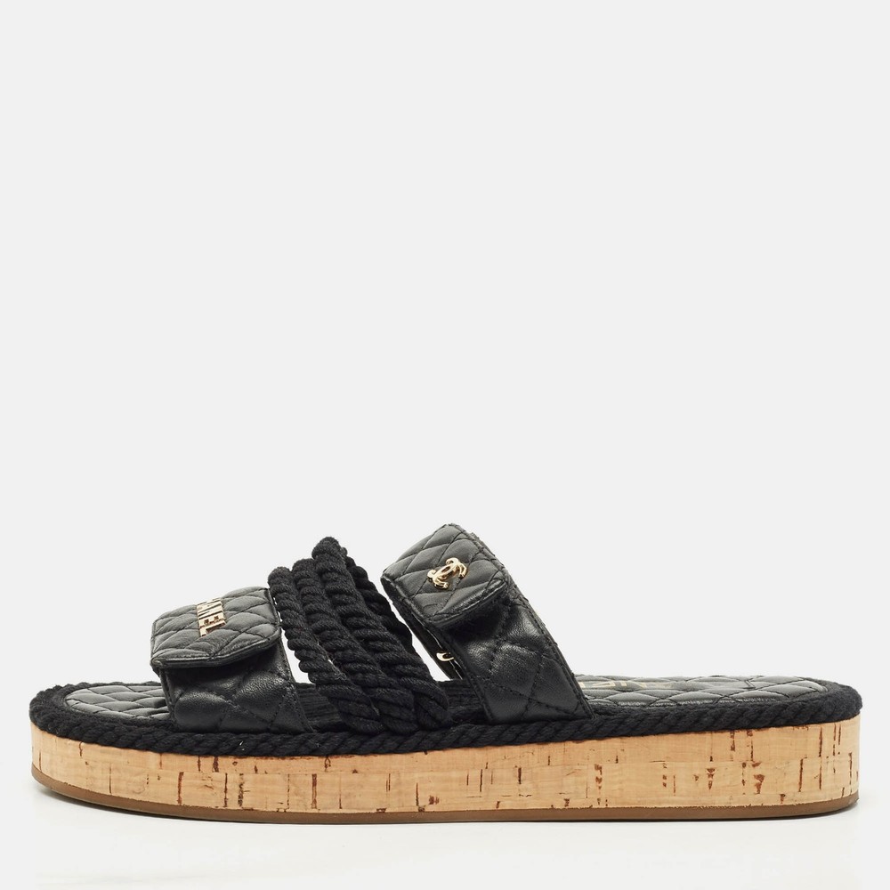 Chanel Black Leather Quilted Rope CC Flat Sandals Size 39
