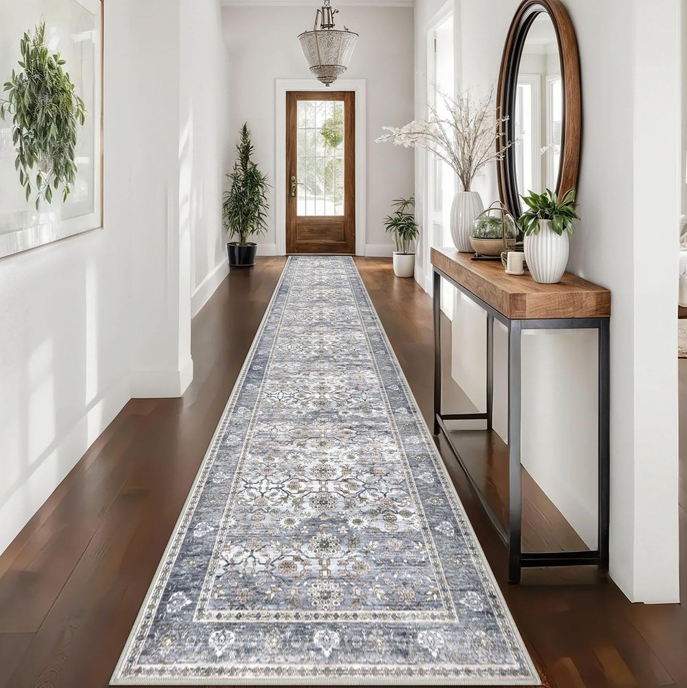 Vintage Washable Long Hallway Runner Rug, 2.6x16 Grey Blue Non-Slip Kitchen R...