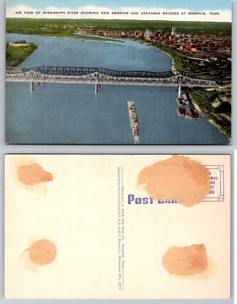 Vintage Memphis TN Mississippi River Air View Bridges Postcard E.C. Kropp