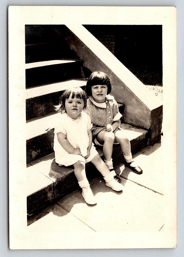 Vintage Photo Old Antique Picture Cute Girls Kids Children Dresses Home Steps