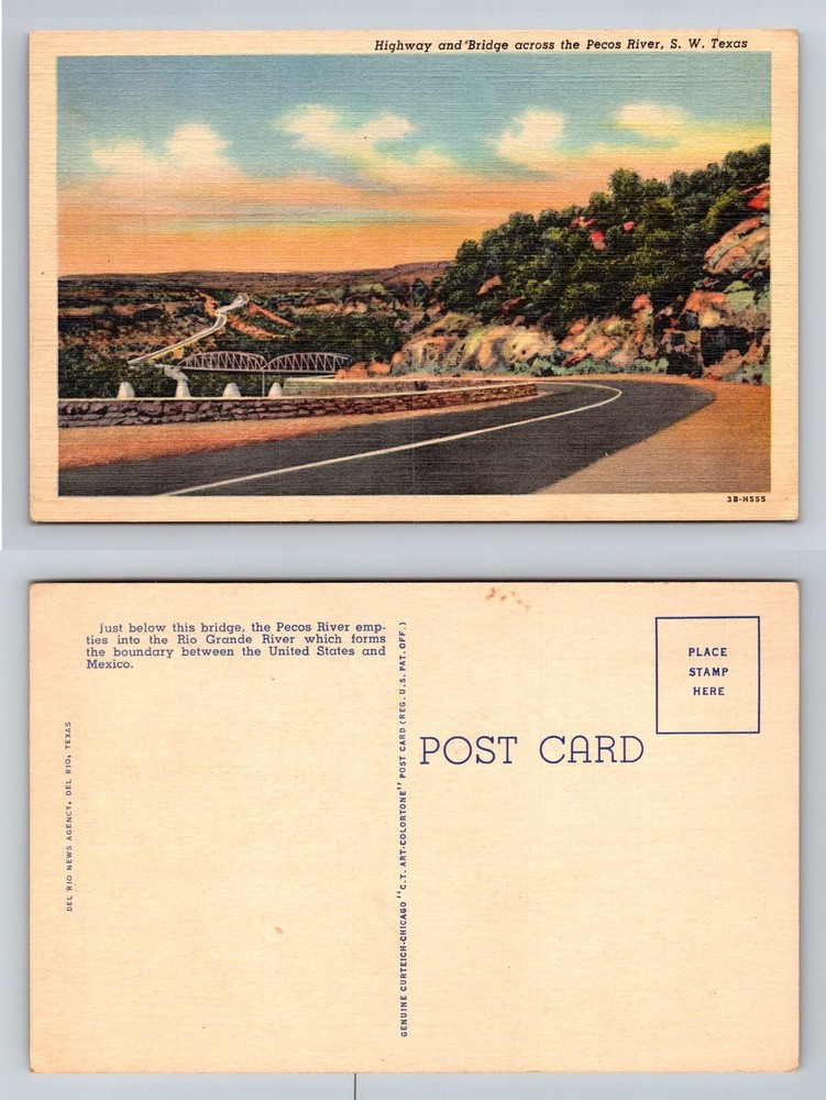 Del Rio, TX-Texas, Highway and Bridge Across Pecos River Vintage Postcard