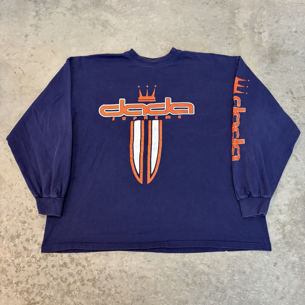 Vintage 90s Y2K Dada Supreme Long Sleeve Graphic T Shirt Navy Blue Crown 2XL 3XL