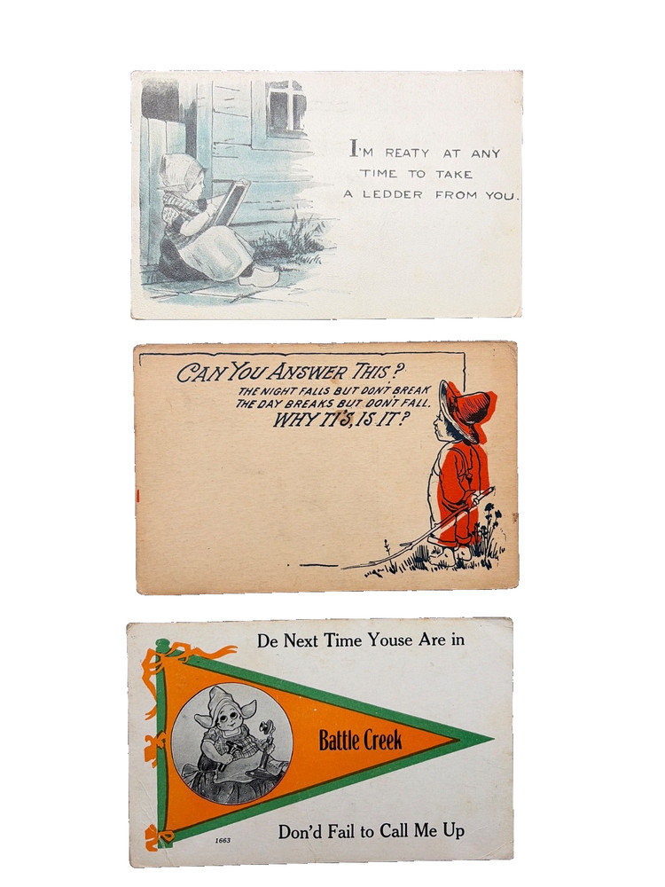 Vintage Dutch Farm Children Battle Creek Riddle Postcards-Lot of 3
