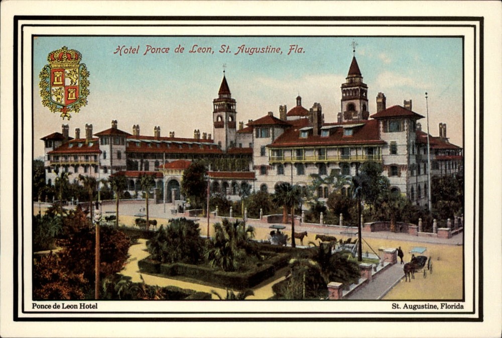Hotel Ponce de Leon St Augustine Florida horse buggy ~ Stecher vintage postcard