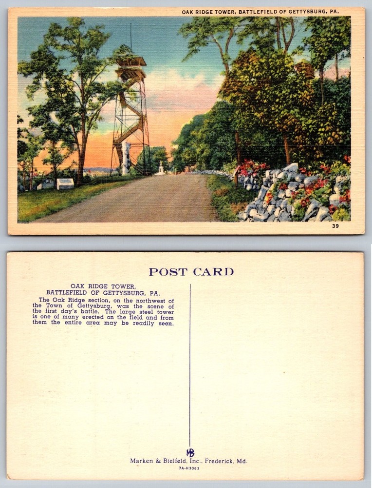 Oak Ridge Tower Gettysburg PA Battlefield Vintage Linen Postcard Marken &