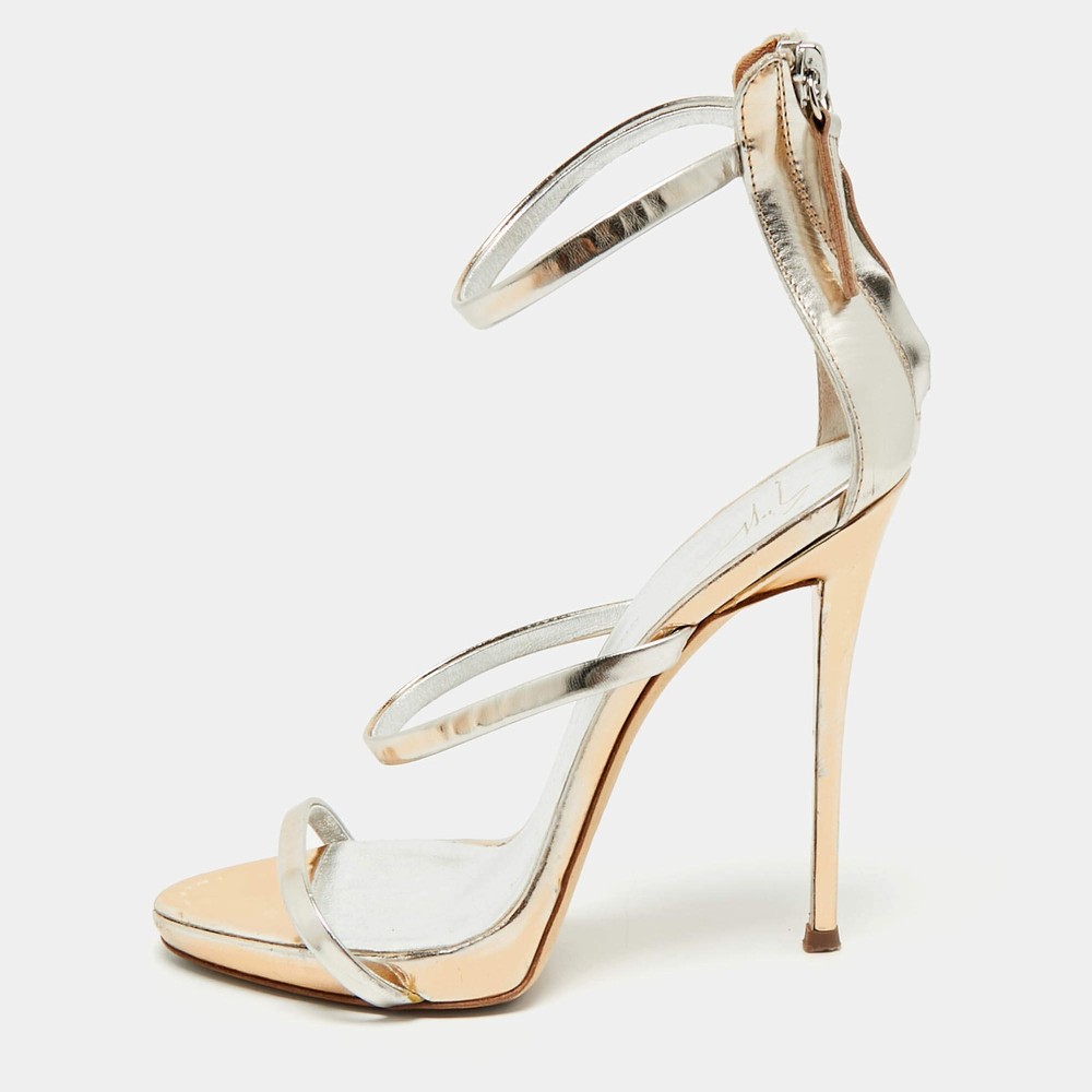 Giuseppe Zanotti Silver Leather Harmony Ankle Strap Sandals Size 36