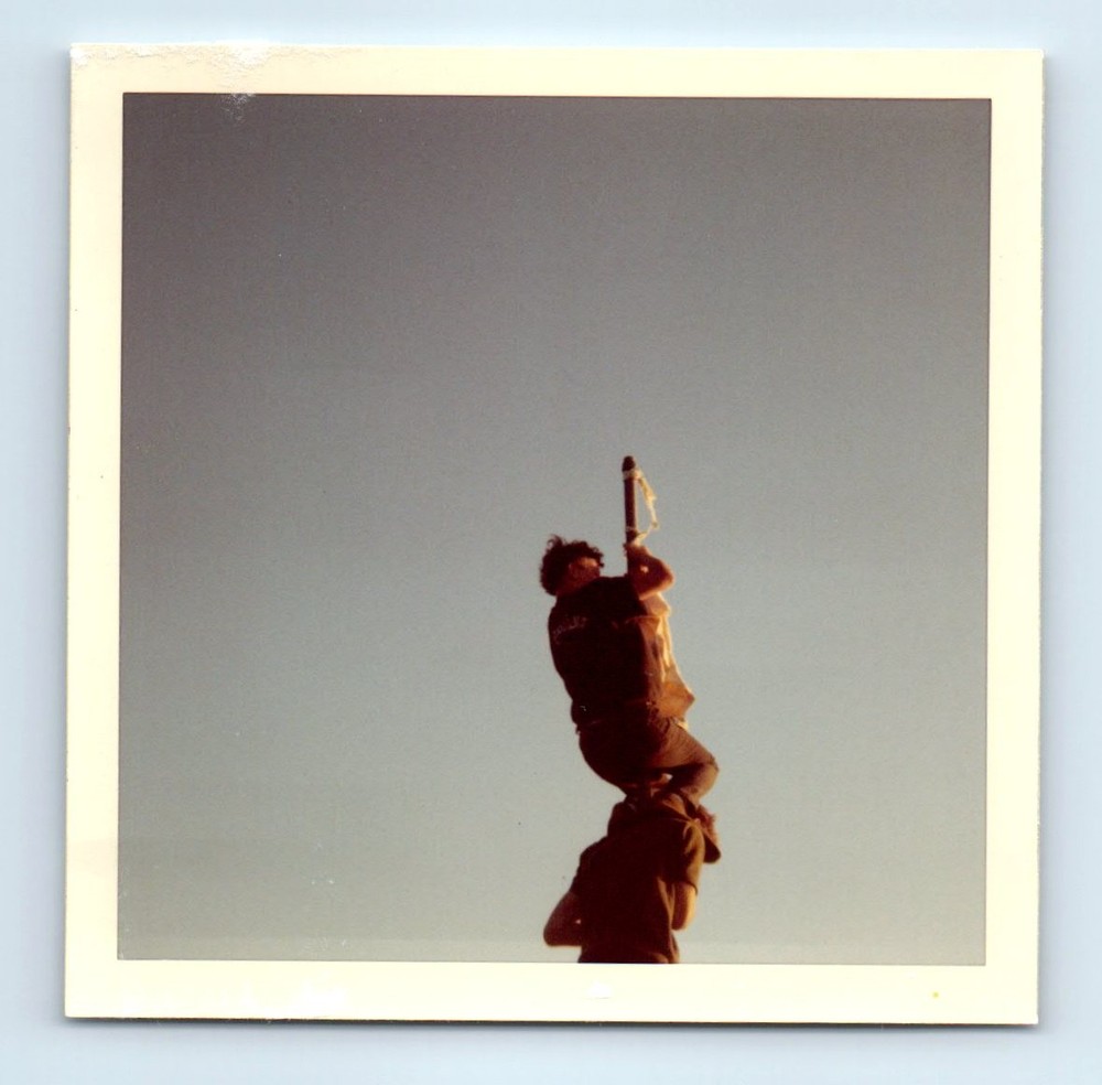 Old Vintage Square Color Photo PAIR DUO MEN CLIMBING FLAG POLE SNAPSHOT PIC