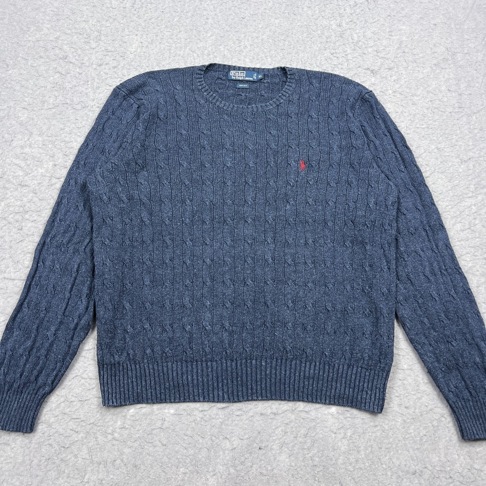 VTG Polo Ralph Lauren Sweater Mens XL Blue 100% Silk Cable Knit Crew Pullover