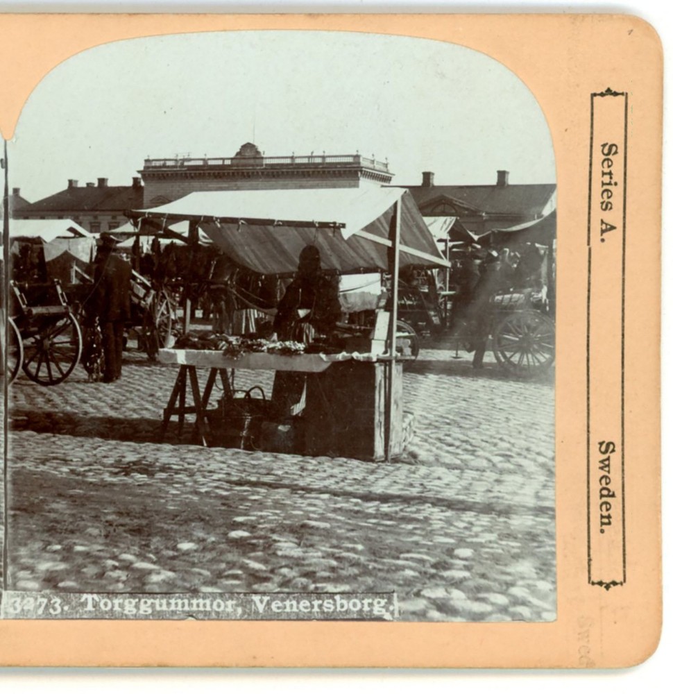 Girls Selling in the Square Vanersborg Sweden Johnson Stereoview