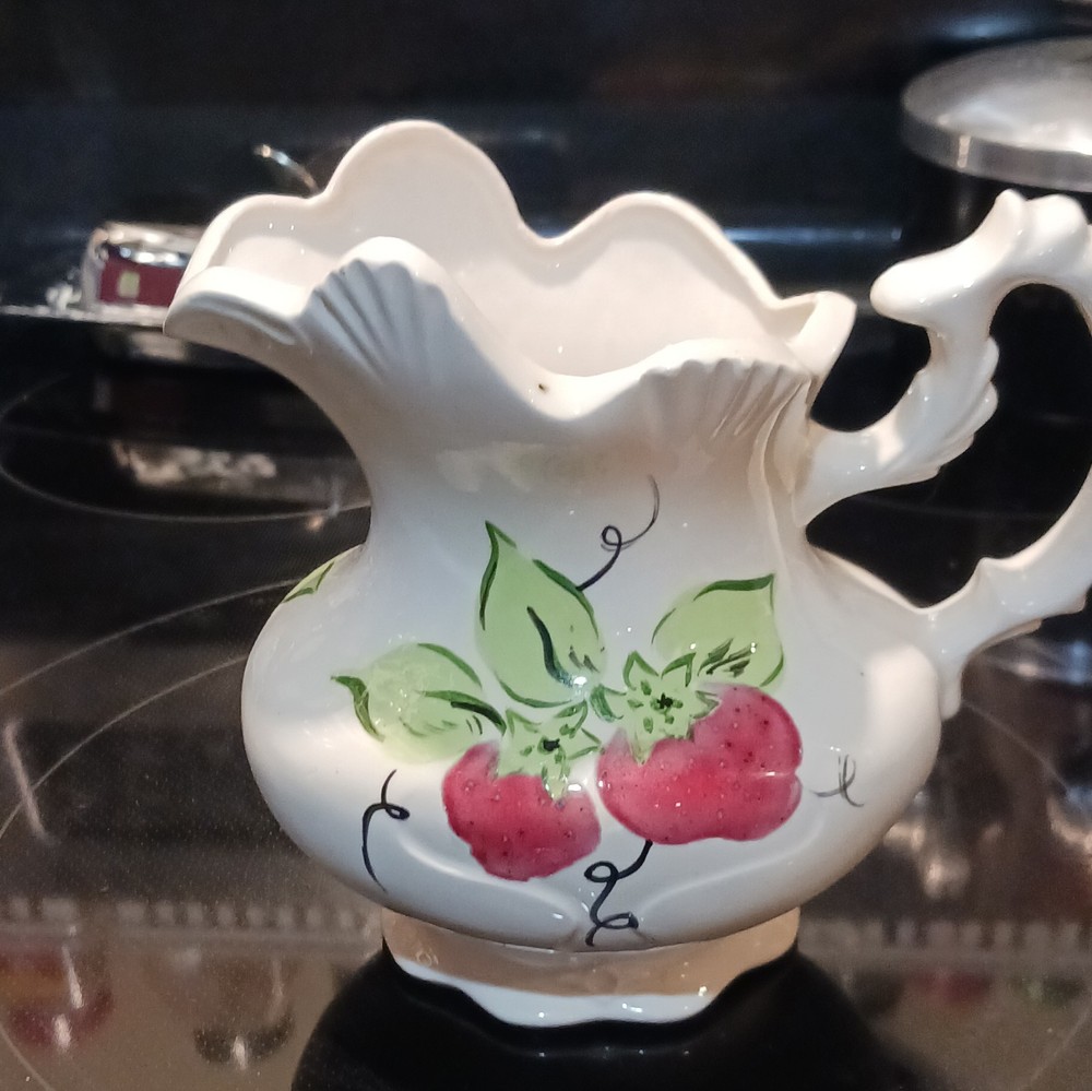 White Glossy Ceramic Creamer Pitcher Strawberry Fruit Pattern Red Green
