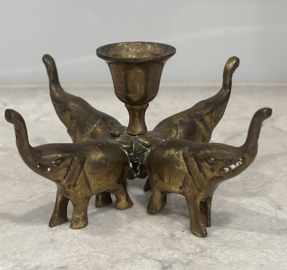 Vintage Brass Four Elephant Taper Candle Holder