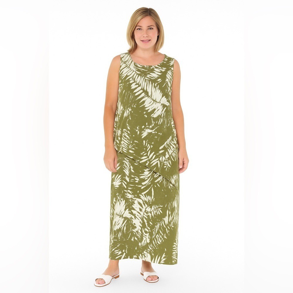 Chico's Travelers Palm Leaf Print Maxi Dress Green & White Sleeveless Tropical