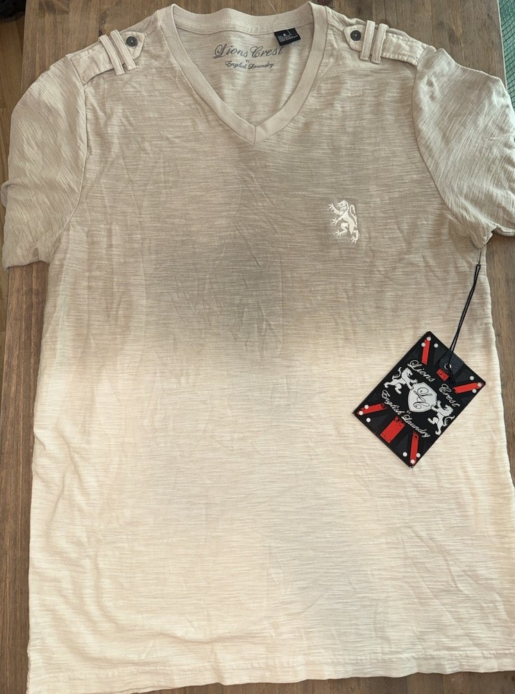 NWT Lions Crest English Laundry Men’s Size S Ombre V-Neck T-Shirt Tan Slub Logo