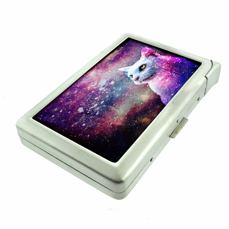Galaxy Cat Em1 100's Size Cigarette Case with Built in Lighter Metal Wallet