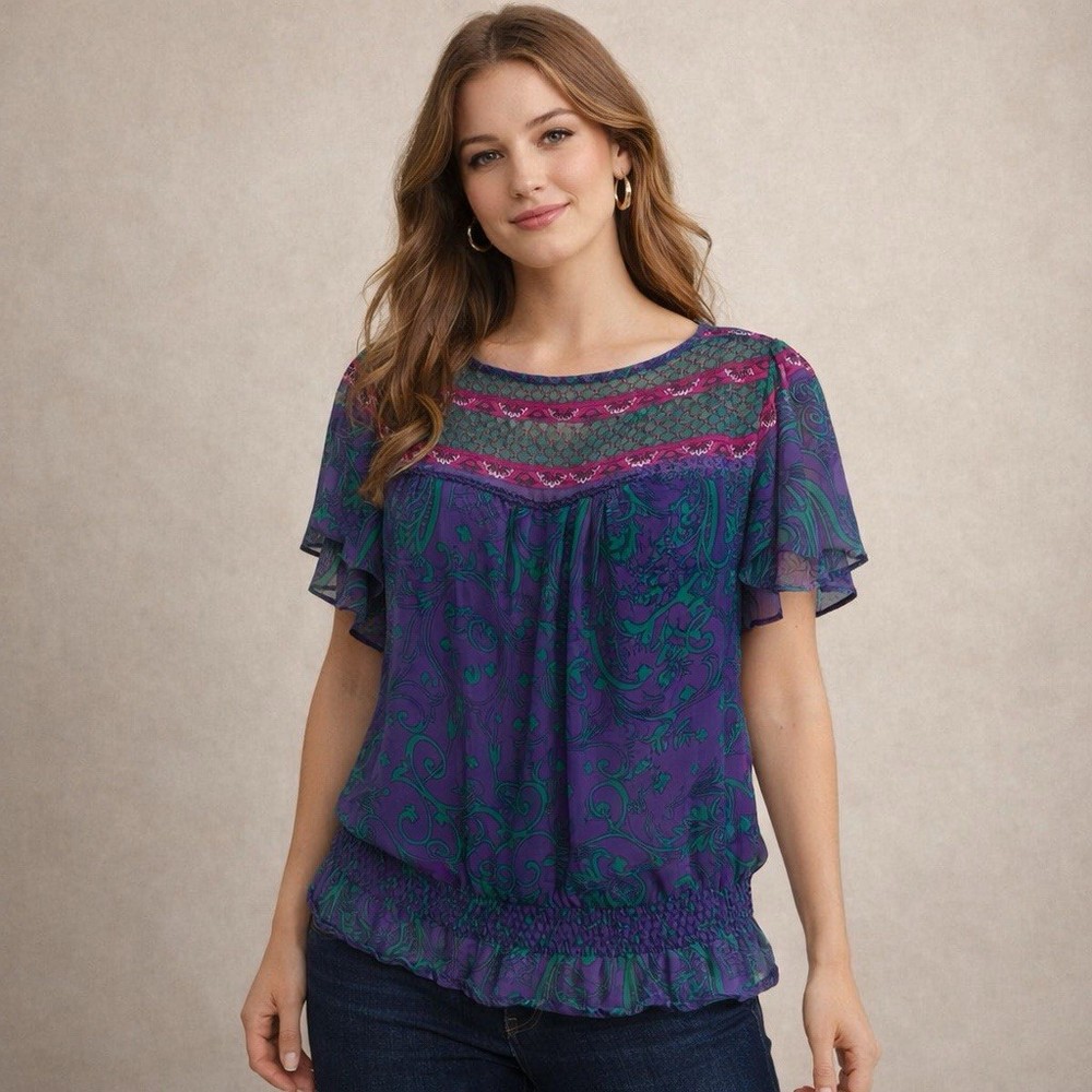 Nicole Miller Blouse L Sheer Short Sleeve Purple Green Pink Fairy Grunge Boho