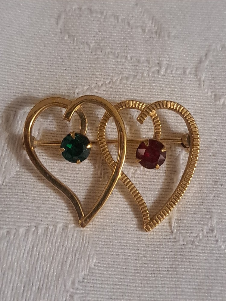 Vintage Signed Van Dell 1/20 12K  Gold Filled Rhinestone Double Heart Brooch Pin