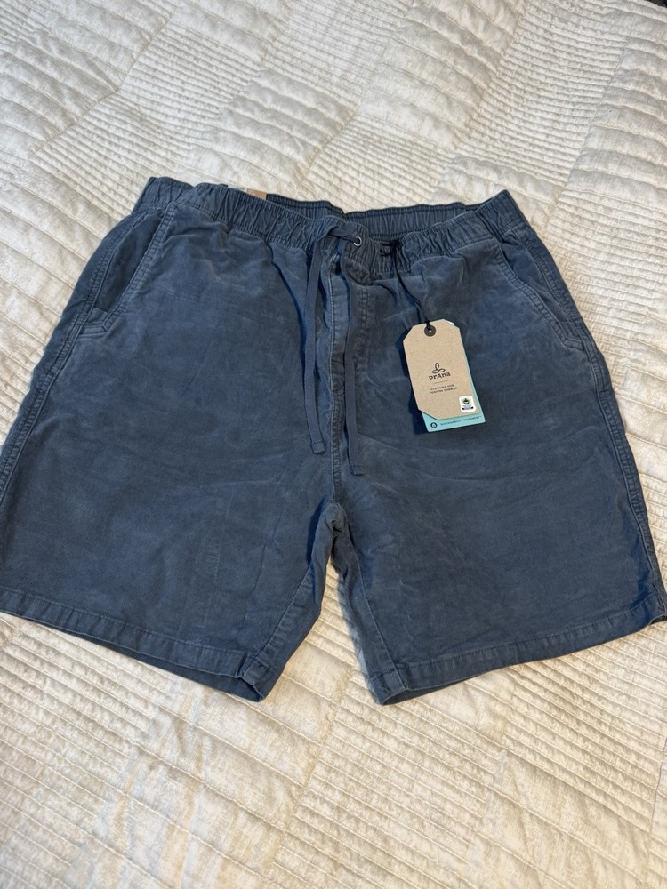 PrAna Canyon Camp Shorts Men’s Sz XL Gray Blue Corduroy Elastic Drawstring Waist