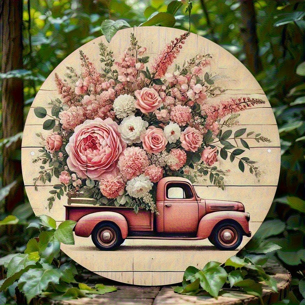 Vintage Pink Roses Country Truck Round Metal Sign