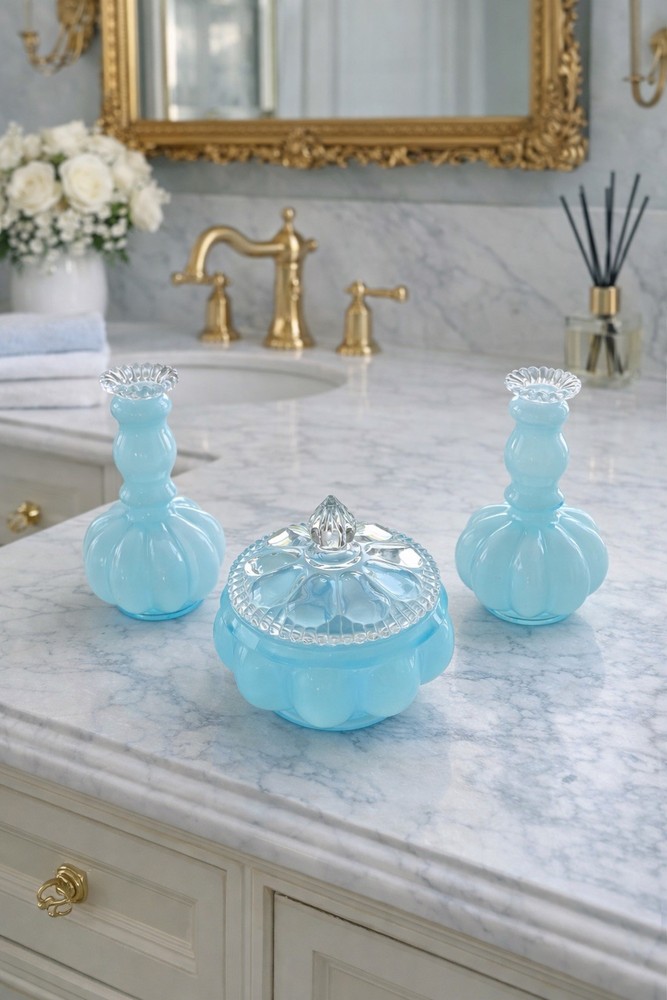 STUNNING VTG FENTON Powder Blue Vanity Dresser SET(3) Perfumes/Powder Jar
