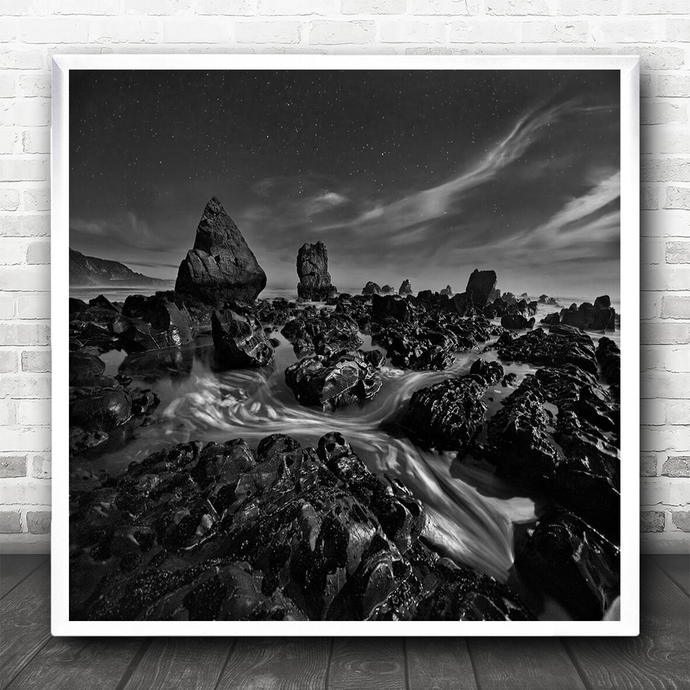 Moonlight Ocean Sky Stars New Zealand Night Rock Rocks Stream Square Art Print