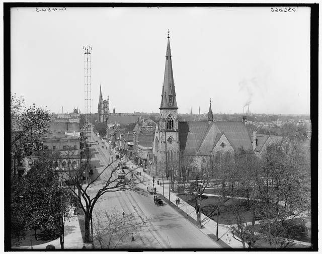 Detroit Michigan Woodward Avenue Grand Circus Park 1910s streetcar church