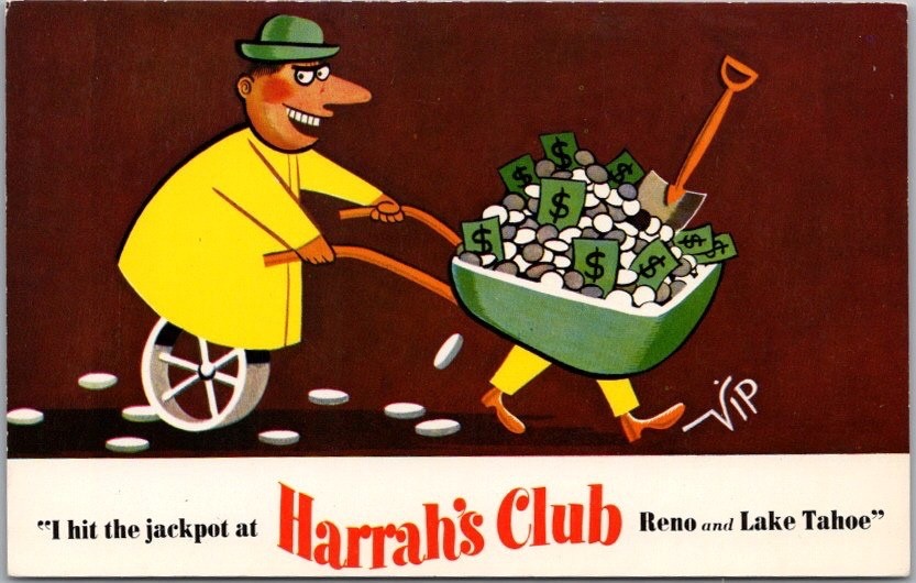 Vintage 1950s RENO & Lake Tahoe Comic Postcard HARRAH'S CLUB CASINO Wheelbarrow