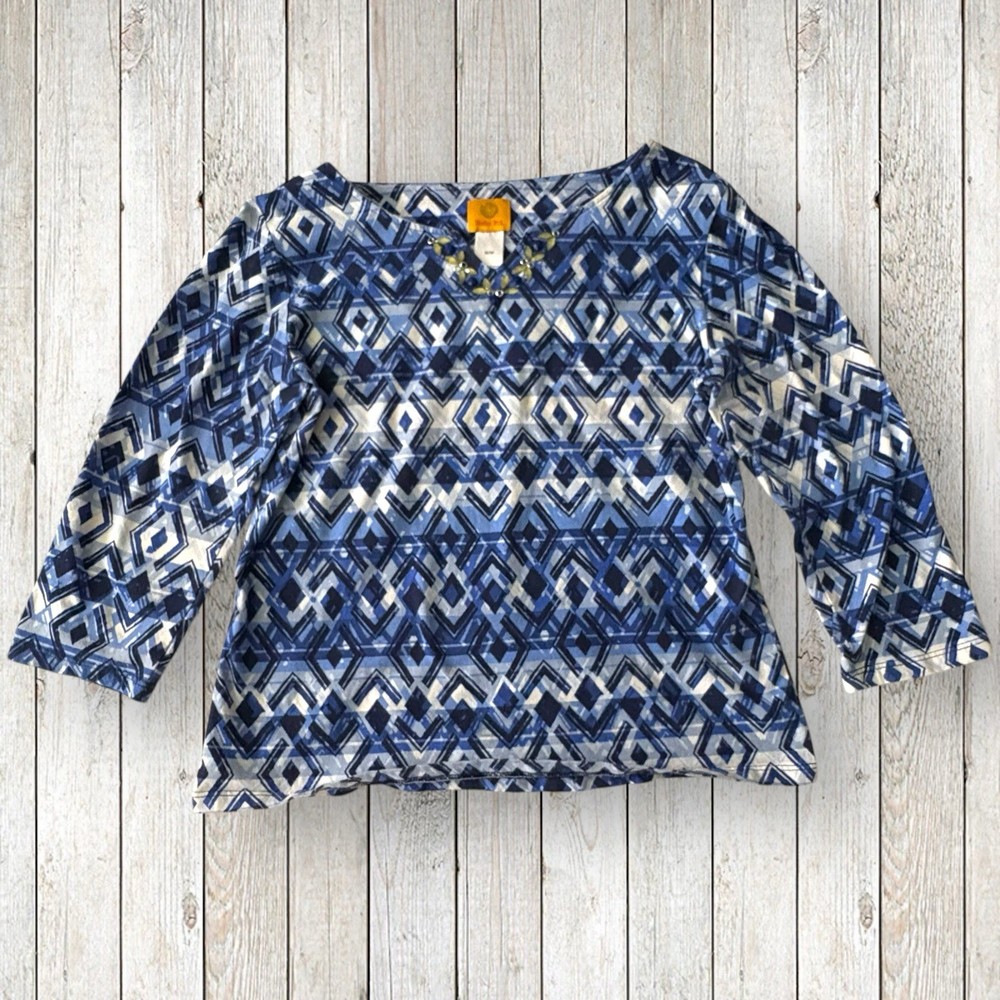 Women's Ruby Rd Road Blue Pattern 3/4 Sleeve Top M Medium Stretch V Neck