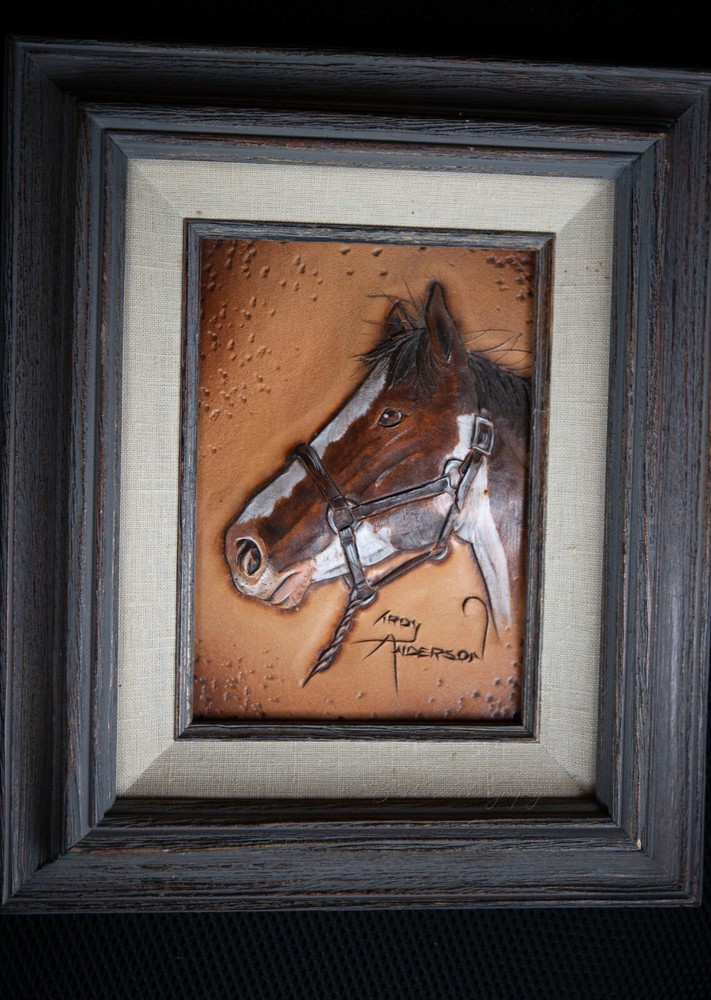 2 Signed Original Troy Anderson Sculpted Leather Art Prints, Hand Tooled