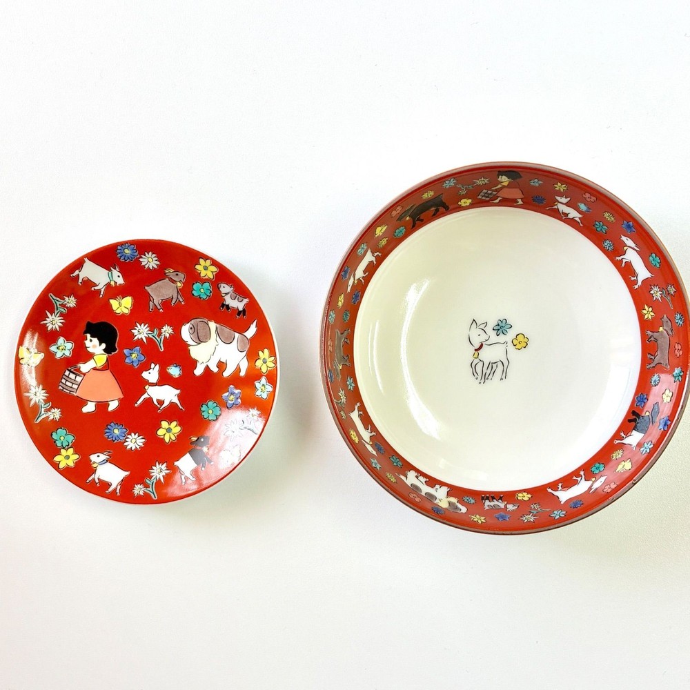 Kutani Ware Pink & Red Flower and Animal Bean Plate & Bowl Set Japan
