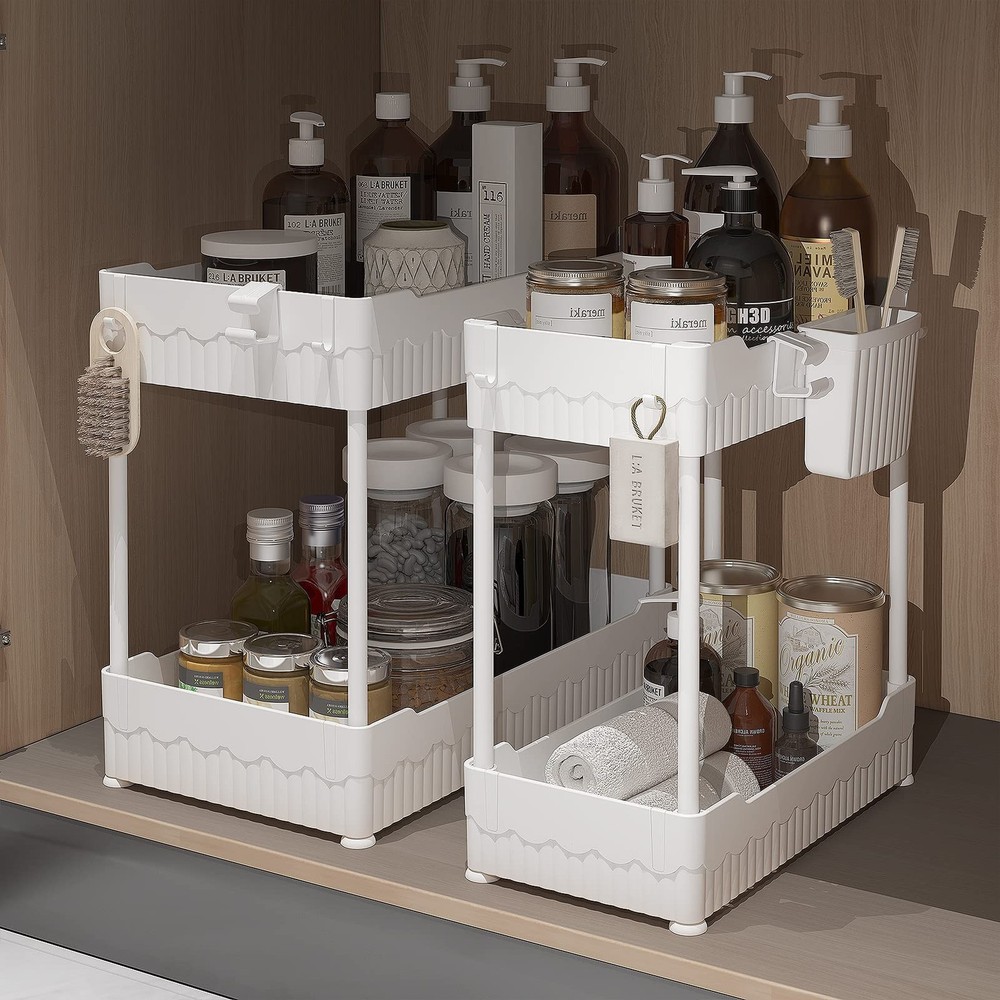 2 Pack Under Sink Organizer, Under Bathroom Cabinet Organizer with Hooks Hang...