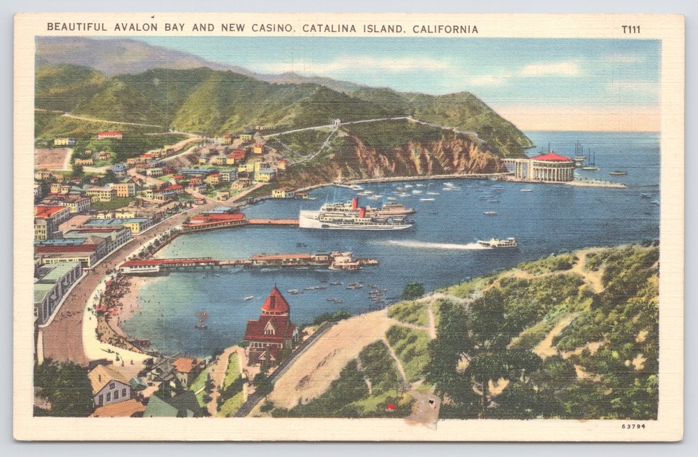 Linen~Air View Avalon Bay & New Casino Catalina Island CA~Vintage Postcard
