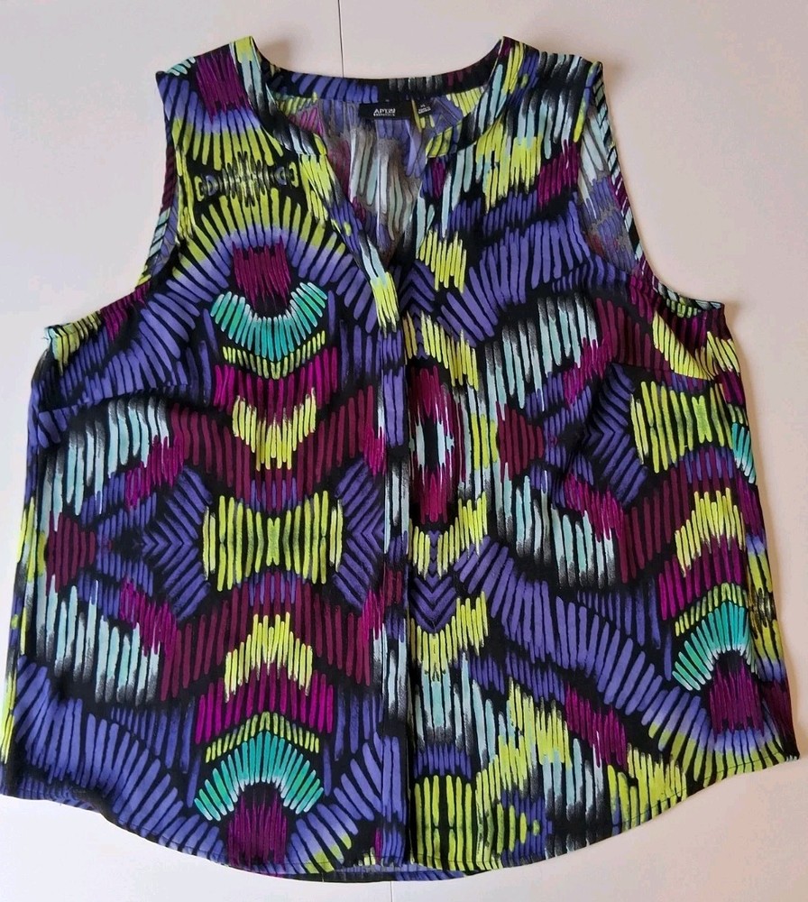 Apt 9 Women's  XL Sleeveless Tunic Shirt Blouse Bright Abstract Print Button