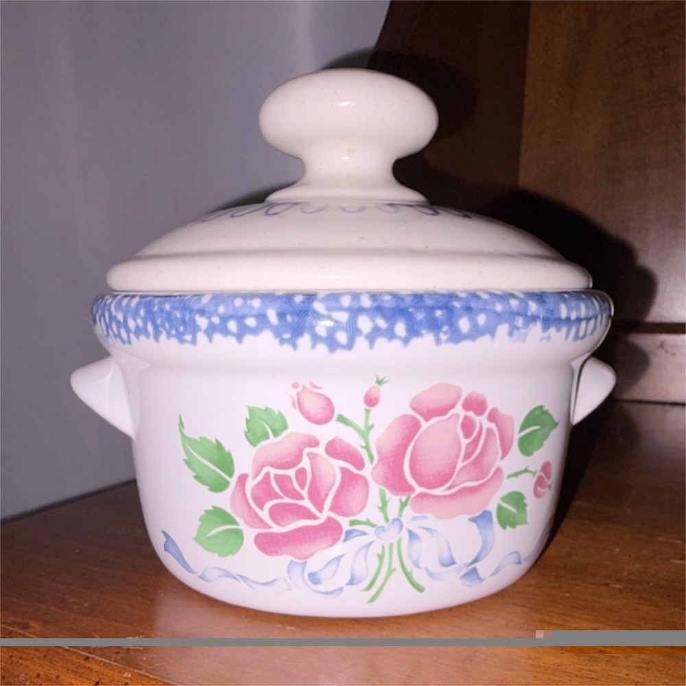 Ceramic Floral Canister Jar Round with Lid White Pink Blue Green Kitchen Decor