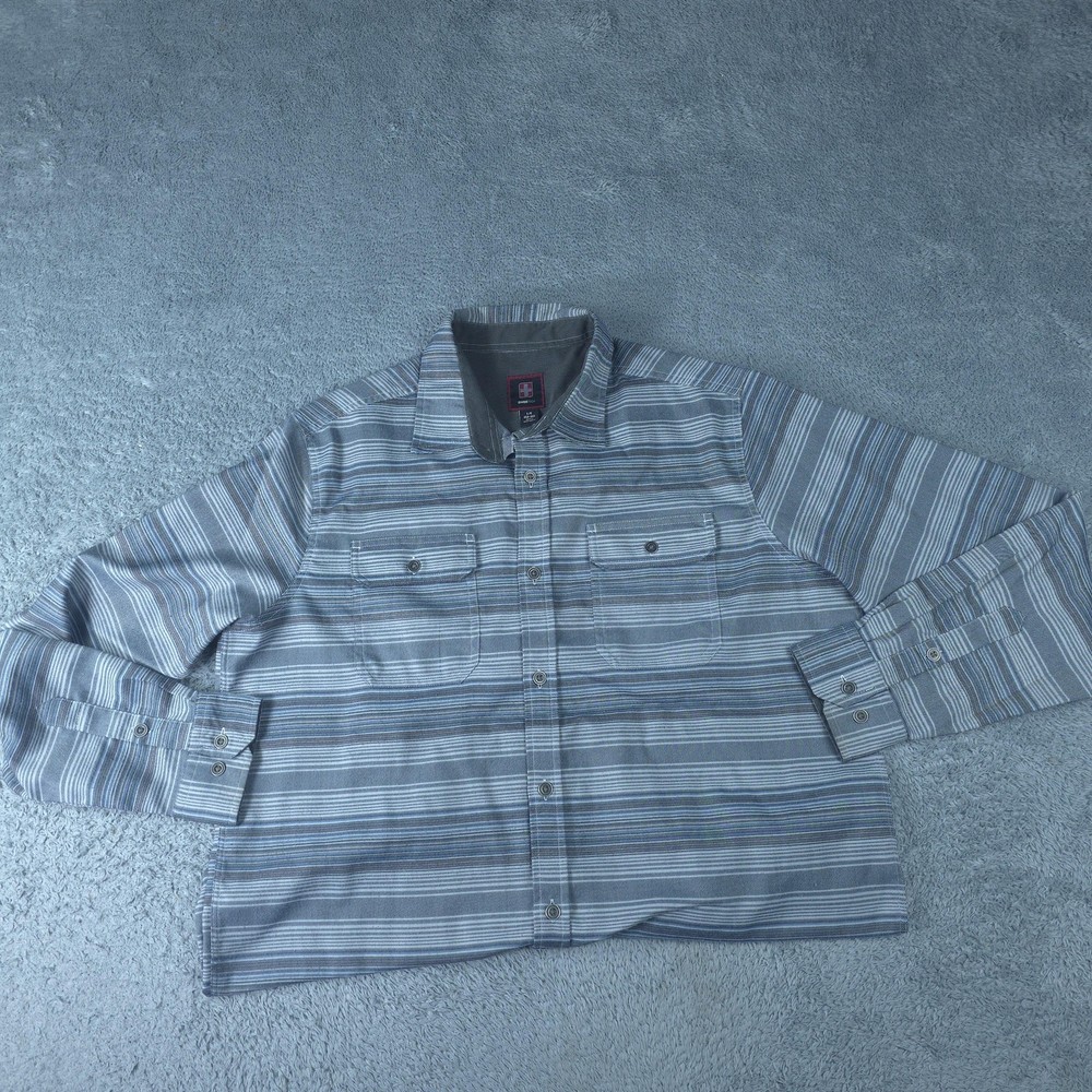 Swiss Tech Shirt Mens Large Gray Striped Long Sleeve Button Up Stretch Casual
