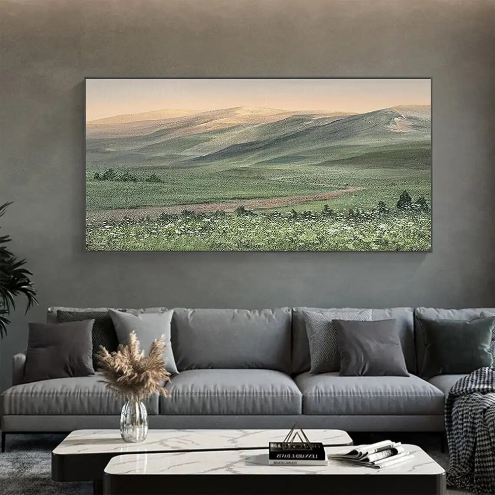 Abstract Green Mountain Oil Painting Handmade On Canvas Landscape Art Grassland