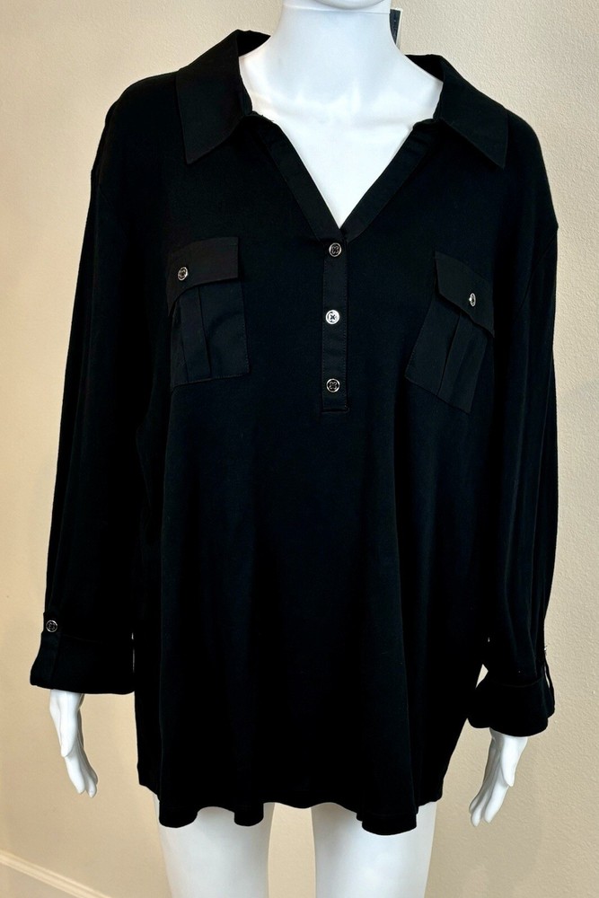 Karen Scott 3X Deep Black Collared Blouse with 3/4 Rolled Tab Sleeve NWT