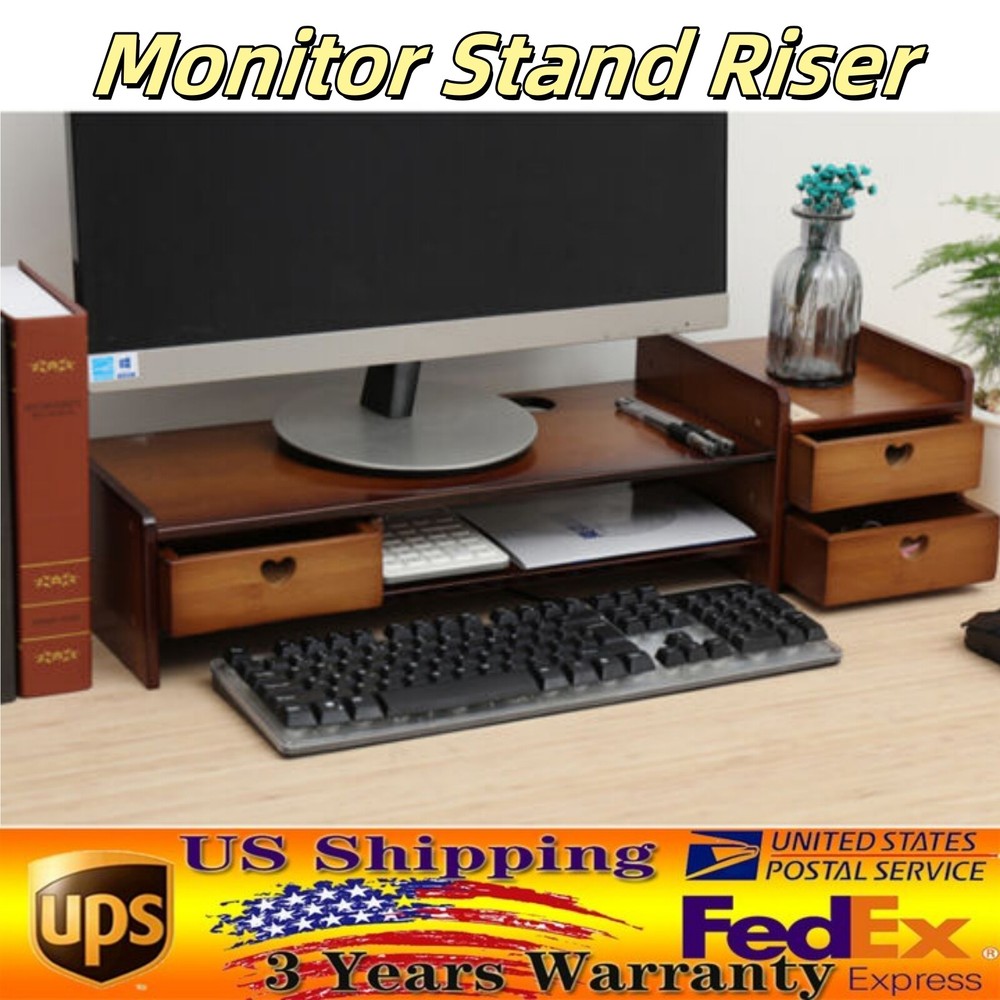 Sturdy Bamboo Wood Monitor Stand Riser w/ Drawer - Desk Storage Organizer Tool