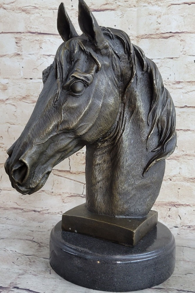 Real Bronze Metal Statue on Marble Bust Horse Head Equestrian Sculpture Gift NR