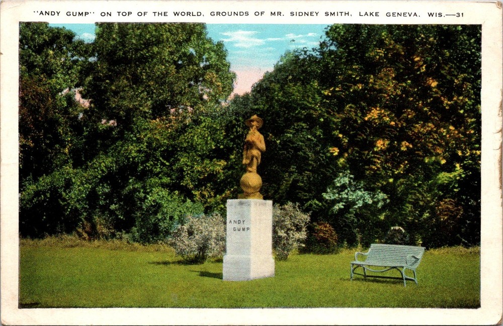 Dr Jim Stamps Postcard Lake Geneva Wisconsin Andy Gump Statue