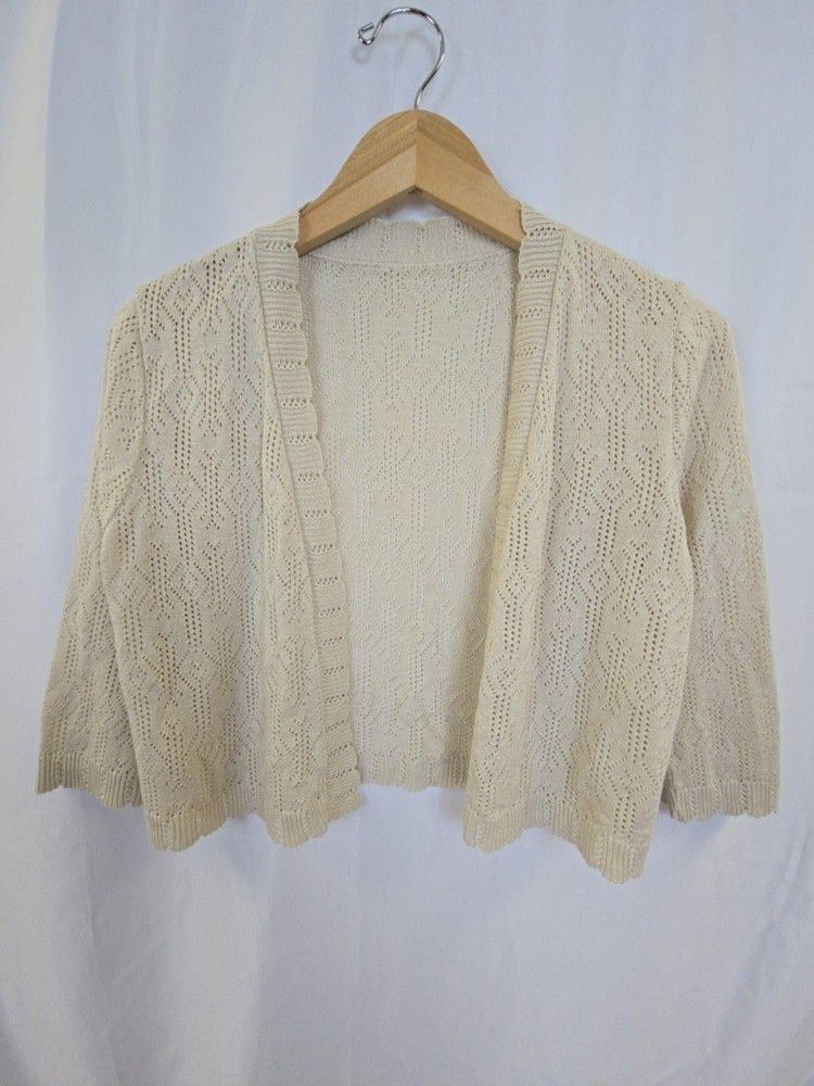 Sweater Cardigan Womens Medium White Open Knit 3/4 Sleeve Shrug Cropped