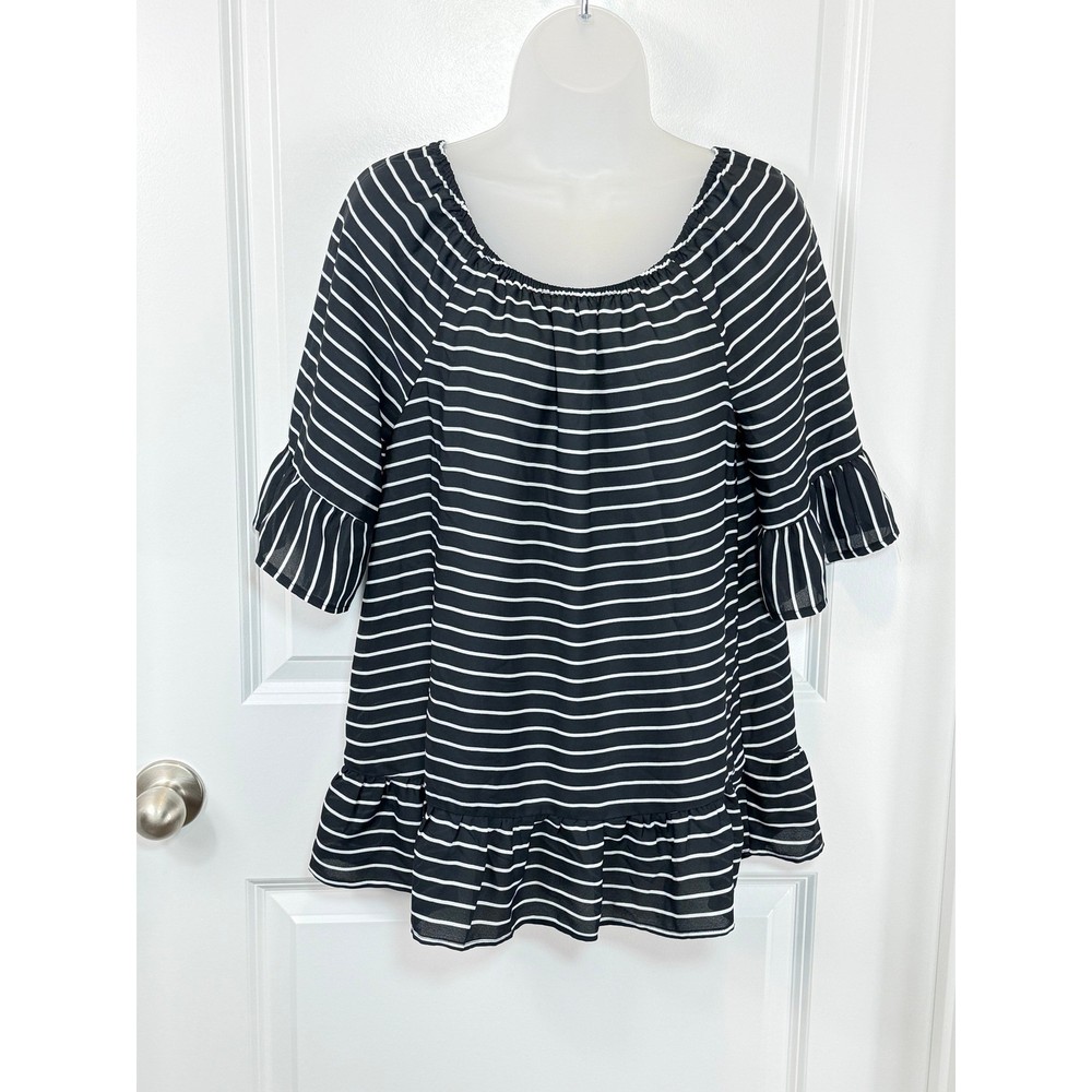ELLE Black White Striped Off Shoulder Ruffle Sleeve Blouse Top Women's Medium M