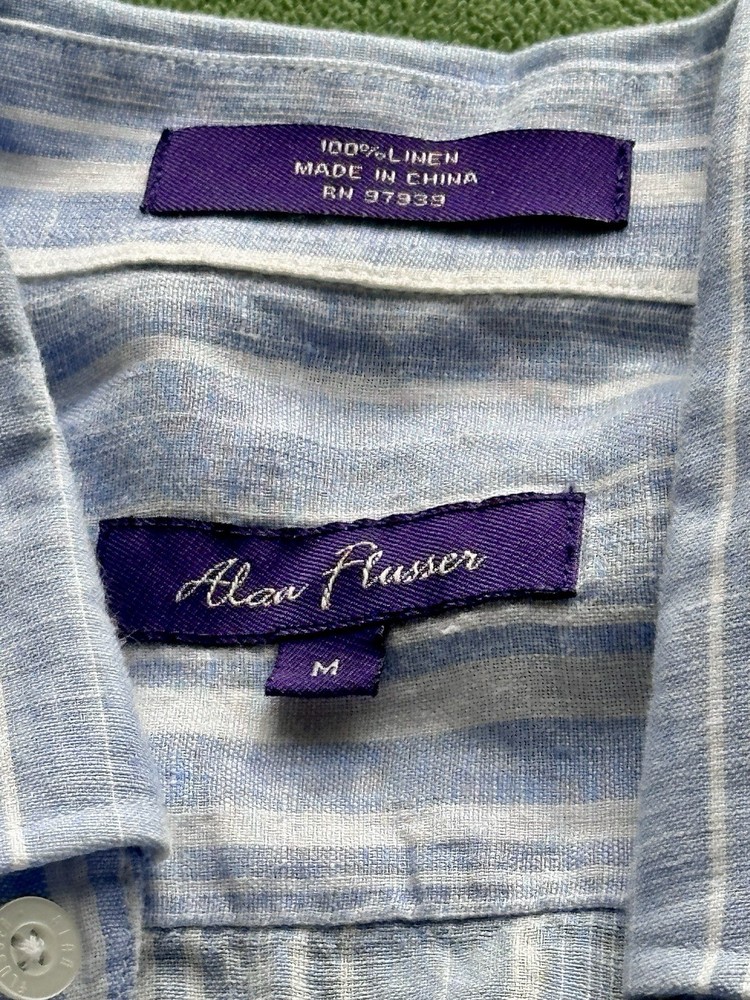 Alan Flusser Men's Size M Blue White Striped 100% Linen Long Sleeve Button Shirt